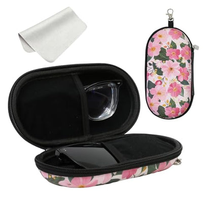 Double Eyeglasses Case, Hard Shell Dual Sunglasses Organizer with Zipper Clip Travel Glasses Storage for Women Men - color: Pink Flower