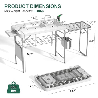 42.5" Fish Cleaning Table with Dual Sink, Portable Folding Camping Table with Foldable Extension Stand, Faucet, Sprayer, Grid Rack, Hose Hook Up & Knife Groove, Outdoor Sink Station for Picnic - style: Fish cleaning table with extension stand