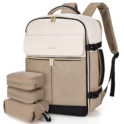 LOVEVOOK Travel Backpack for Women, TSA Carry On Backpack Flight Approved Luggage, 40L Water Resistant Personal Item Daypack Large Weekender Bag fit 17 inch Laptop with 3 Cubes, Beige-khaki-black - color: Beige-khaki-black, size: 40L-17.3 Inch-4Pcs