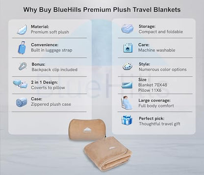 BlueHills Travel Blanket Pillow Rolled Premium Soft Plush Airplane Throw Traveler Essentials Gift Compact in a Bag 70X48 inches Long Car Plane Flight Portable Beige R06 - color: R06-beige