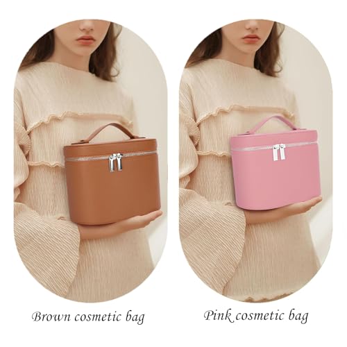 Leather Make Up Bags With Compartments, Pink Travel Cosmetic Bags for Women, Parallel Makeup Travel Bags Organizer Equipped With a Detachable Divider - color: pink
