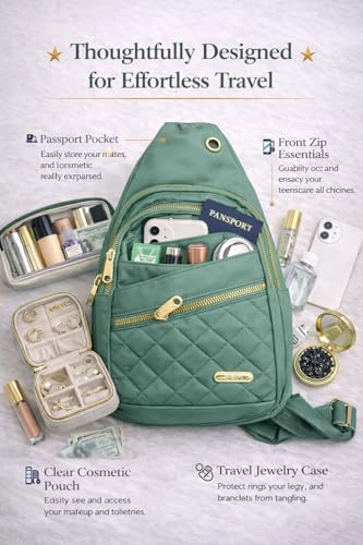 Travel Essentials Gift Set for Women – 7 Pc Travel Kit with Sling Bag, TSA Pouch, Jewelry Case & Sleep Mask - color: Spritzy Sage