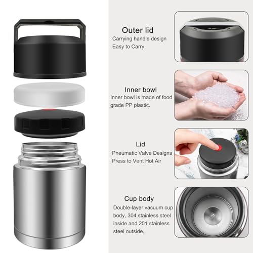 28oz Soup Thermos, Stainless Steel Thermos for Hot Food, Wide Mouth Food Thermos Jar, Insulated Lunch Container Leak Proof Vacuum Thermal Flask (silver) - color: silver-28oz