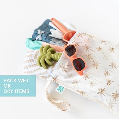 Bumkins - Waterproof Wet Bag & Clear Travel Bags - For Beach, Baby, Travel, Swim Suit, Cloth Diapers, Pump Parts, Pool, Gym, Toiletries - Reusable & Easy to Clean - Palm Trees - 4 Pack - color: A2 Palm Trees-4