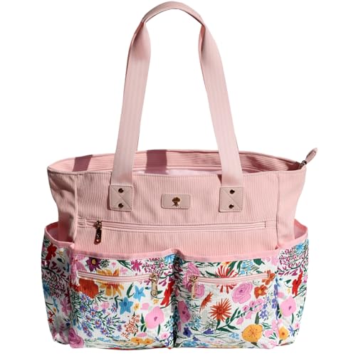 Weekender Bag Carry On Bag Overnight Tote Travel Duffle with 13 Pockets for Travel,Work，Gym,Beach,Teacher,Nurse - color: Corduroy Pink flower