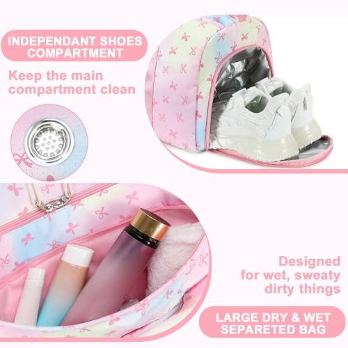 Gym Bag Sports Duffle Bag with Wet Pocket Weekender Overnight Bags with Waterproof Shoe Pouch and Air Hole for Girls Kids Women Workout Travel Bags (Bow Rainbow) - color: Bow Rainbow