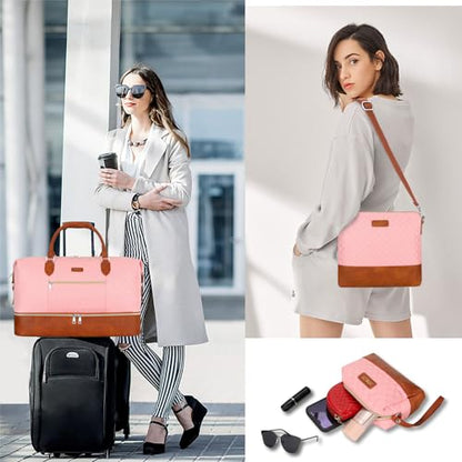 ITIEZY Weekender Overnight Bag for Women - Large Travel Duffel Bag with Shoe Compartment, Gym Duffel Bag Hospital Bag Carry On Tote Bags for Airplanes with Crossbody Bag Toiletry Bag 3Pcs Set - color: 3-Pink