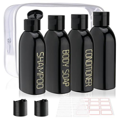 Cosywell Travel Bottles for Toiletries 4pcs 3.4oz Travel Shampoo and Conditioner Bottles TSA Approved Travel Size Containers Leak Proof Small Plastic Squeeze Bottles with Flip Cap(Black) - color: J-3.4oz-Black-3label1blank