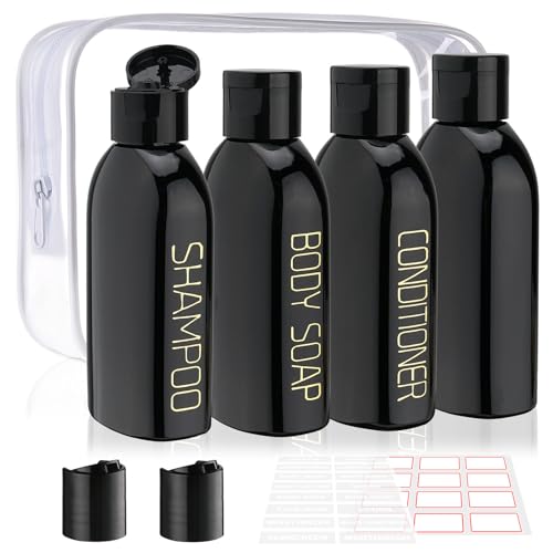 Cosywell Travel Bottles for Toiletries 4pcs 3.4oz Travel Shampoo and Conditioner Bottles TSA Approved Travel Size Containers Leak Proof Small Plastic Squeeze Bottles with Flip Cap(Black) - color: J-3.4oz-Black-3label1blank