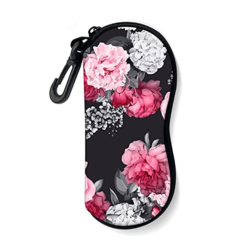 Sunglasses Soft Case with Carabiner Ultra Light Neoprene Zipper Glasses Case - color: Black Flower
