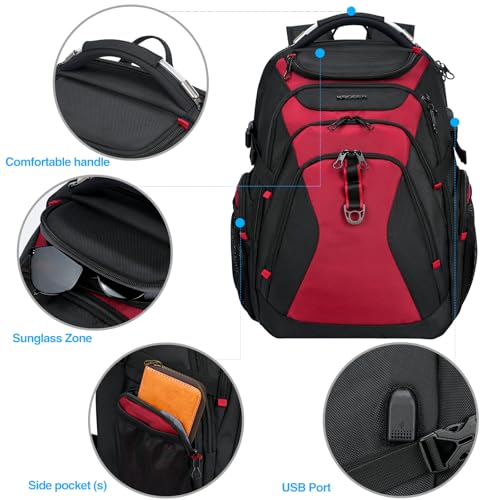 KROSER Travel Laptop Backpack 17.3 Inch XL Computer Backpack with Hard Shell Saferoom RFID Pockets Water-Repellent Business College Daypack Stylish Bag for Men/Women-Black Red - color: Black/Red-17.3, size: 17.3 inch