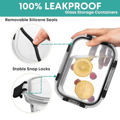 Razab 30 PC Glass Food Storage Containers with Lids - Reusable Glass Meal Prep Containers for Lunch and Leftovers - Airtight & Leakproof Snap Locking Lids - Oven, Freezer, Microwave, Dishwasher Safe - color: Black