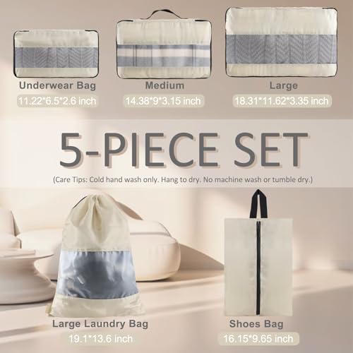 U+U 5 Set Packing Cubes for Travel Essentials Ultralight Luggage Packing Organizers with Laundry Bag and Shoe Bag for Vacation, Business Trip and Camping (Cream) - color: Cream