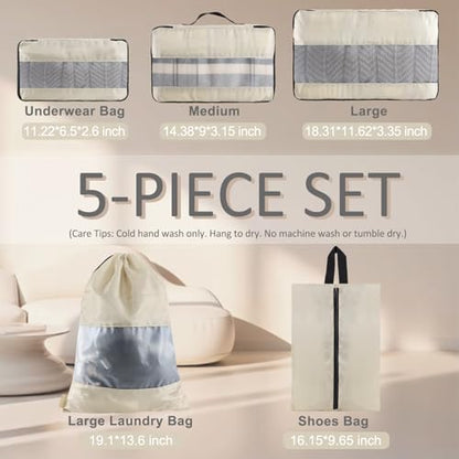 U+U 5 Set Packing Cubes for Travel Essentials Ultralight Luggage Packing Organizers with Laundry Bag and Shoe Bag for Vacation, Business Trip and Camping (Cream) - color: Cream