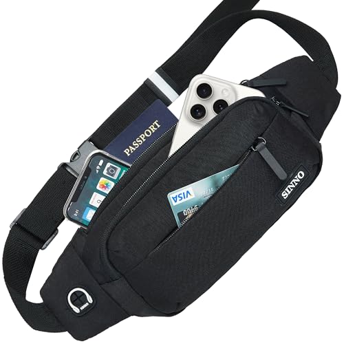 SINNO Large Crossbody Fanny Pack for Women Men Belt Bag With 4-Zipper Pockets for Travel Running Hiking Workout Dog Walking Outdoors Sport Fishing Waist Pack Bag Carrying All Phones - color: Black(4 Zipper Pockets)