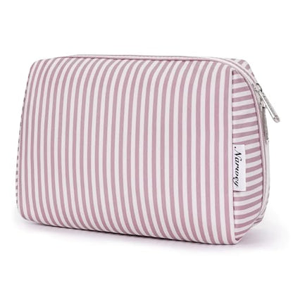 Narwey Striped Makeup Bag Travel Cosmetic Bag Organizer Toiletry Bag Make Up Bags with Compartments for Women Girls (Large, Dusty Rose Stripe) - color: A-Dusty Rose Stripe, style: Large