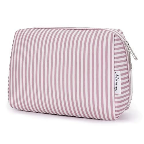 Narwey Striped Makeup Bag Travel Cosmetic Bag Organizer Toiletry Bag Make Up Bags with Compartments for Women Girls (Large, Dusty Rose Stripe) - color: A-Dusty Rose Stripe, style: Large