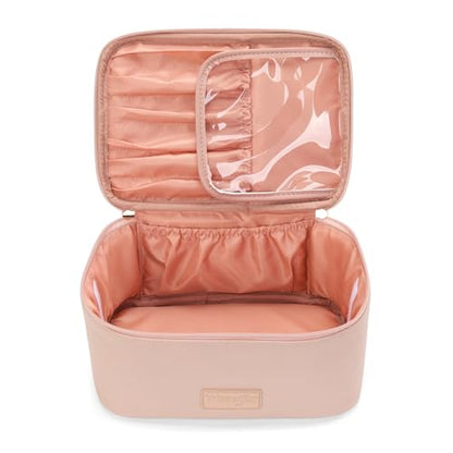 Montana West X Wrangler Travel Makeup Bag 2pcs Set Large Cosmetic Bag with Makeup Brush Holder Portable Make Up Organizer Cute Toiletry Bag with Divider and Handle for Women - color: Light Pink