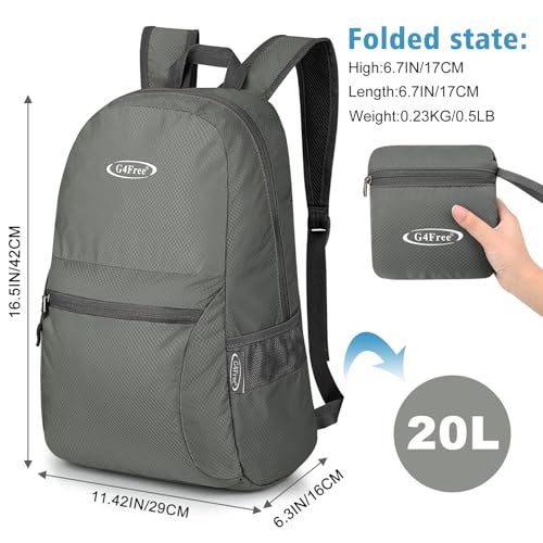 G4Free 20L Lightweight Packable Backpack Travel Hiking Daypack Foldable Backpack for Men Women - color: Grey Update