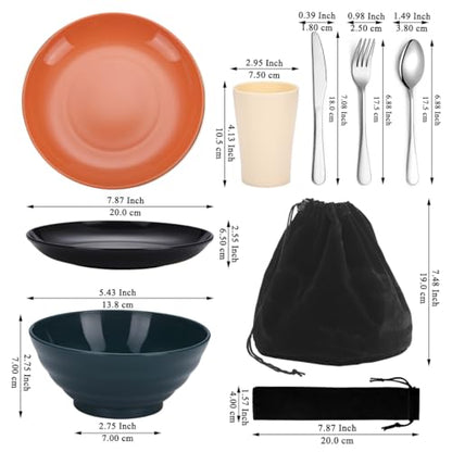 Kyraton Camping Utensils - Mess Kit for Travel, Picnic, Outdoor, Camping Gear - Silverware Set, Cup, Bowl, Plate - Essentials for 4 - color: C. 4 Person