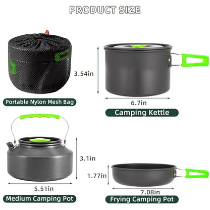 aiGear 3pcs Camping Cooking Set for 1-2 People, Lightweight Foldable Pot Pan Kettle with Storage Bag, Backpacking Cooking Set for Hiking Picnic Camping - color: Green