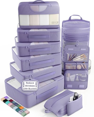 Veken 10 Set Packing Cubes for Travel Essentials, Suitcase Organizer Bags in 4 Sizes, Carry-On Luggage Accessories with Laundry Bag, Airplane Must Have, Gifts for Women Men - color: 04 Purple Gray