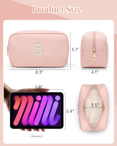VLANDO Personalized Makeup Organzier Bag,Gift for Women Cute Makeup Pouch, PU Leather Make up Travel Bag Cosmetic Bag Birthday Gifts for Couple Mom Wife Letter B - color: 03-Pink-B
