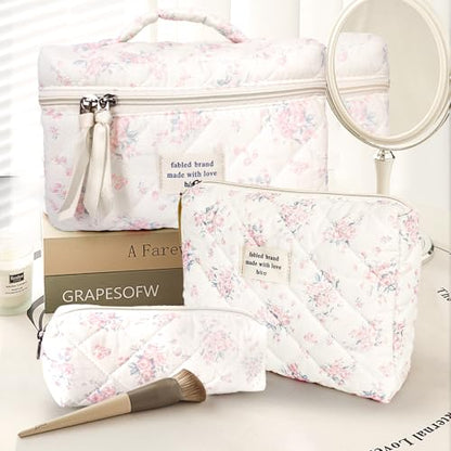 GISMTR 3Pcs Cotton Quilted Makeup Bag Large Travel Cosmetic Bag Coquette Makeup Pouch Cute Aesthetic Floral Toiletry Bag for Women Girls (flower-S) - color: flower-S
