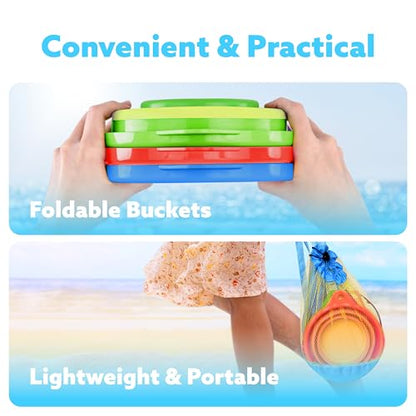 JOYIN 3 Packs Foldable Pail Bucket with Shovels & Mesh Bag, Collapsible Buckets Multi Purpose for Beach, Camping Gear, Beach Party, Fishing, and Fun Summer Activities (Orange/Blue/Green) - color: Orange/Blue/Green
