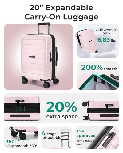 BAGSMART Carry On Luggage 22x14x9 Airline Approved with Spinner Wheels,Lightweight 20 Inch Luggage with TSA Lock,Expandable Hard Shell Carry On Suitcases for Men Women,Pink - color: Pink