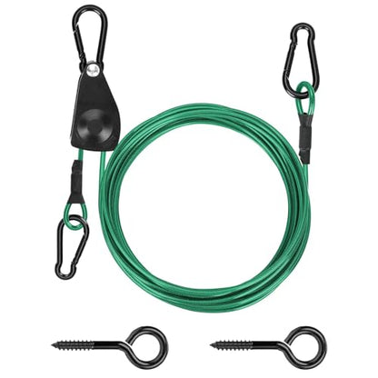 TooTaci 15ft Outdoor Clothesline Kit, 3/16" Green PVC Coated Wire Rope Portable Retractable Clothes Line Kit with Self-Locking Pulley, Screw Hook & Snap Hook for Camping, Backyard, Balcony, Travel