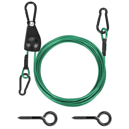 TooTaci 15ft Outdoor Clothesline Kit, 3/16" Green PVC Coated Wire Rope Portable Retractable Clothes Line Kit with Self-Locking Pulley, Screw Hook & Snap Hook for Camping, Backyard, Balcony, Travel