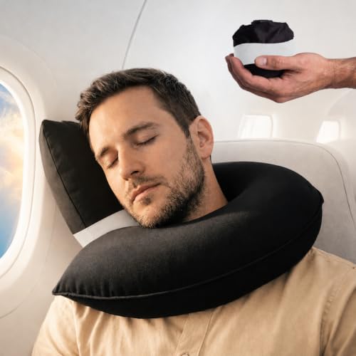 CANDY CANE Inflatable Neck Pillow for Airplane Travel with J-Shaped Design and 360° Support - Head, Neck & Chin Rest for Any Seat, Including Window Leaning - Compact Blow-Up Travel Pillow - color: Black