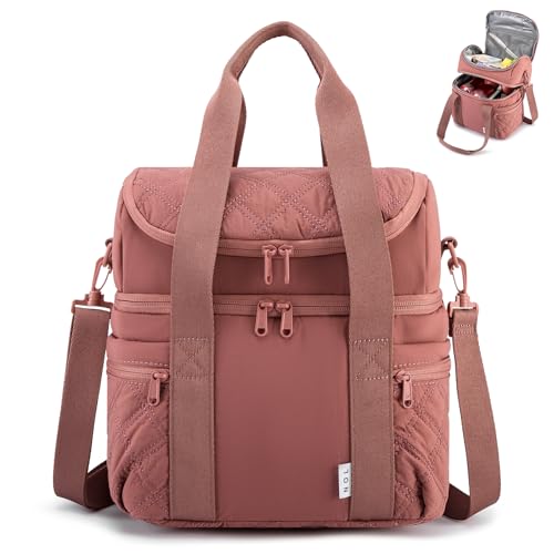 NOL Natural Organic Lifestyle Lunch Bag for Women - Large Double Deck Insulated Lunch Box Leakproof Reusable Lunch Cooler Puffer Lunch Tote Bag with Multiple Pockets for Work Picnic, Dark pink - color: Dark pink, size: Large