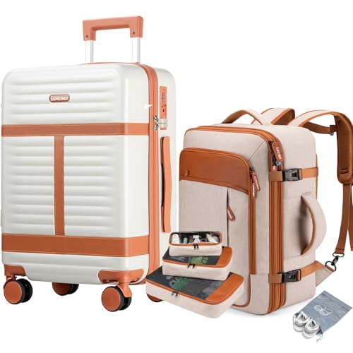 Lumesner 5 Piece Luggage Sets with Travel Backpack, 20" Carry On Hardside Spinner Suitcases, TSA Lock, Durable PC (Beige, 5 piece set (20inch)) - color: Beige(20inch-5piece Set)