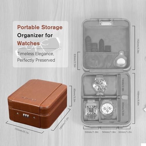 KAMIER Watch Case with Combination Lock - 4 Watch Storage and Jewelry Organizer - Watch Travel Case for Ring and Watch Storage, PU Leather Travel Watch Case, Ideal for Gift (With Gift Box), Brown - color: Brown