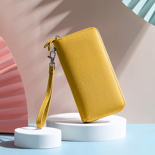Moflycom Womens Wallet RFID Blocking Genuine Leather Zip Around Wallet Clutch Wristlet Travel Long Purse for Women - color: Yellow
