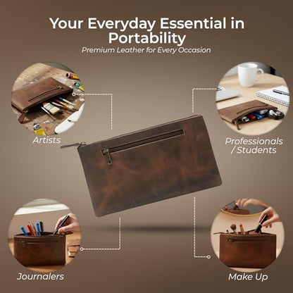 WANDERINGS Genuine Leather Pencil Pouch Case - Large 11" x 6.5" (28 x 16cm) - Hand Crafted Brown Leather Zipper Pouch - Slim Pencil Case Holder for Men and Women - size: Large (11"x6.25")