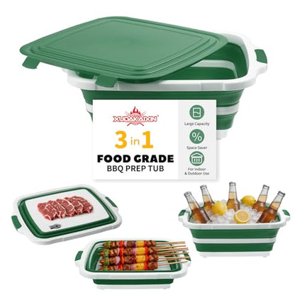 XUDAKAIXIN Collapsible BBQ Prep Tub for Meal Prep, Marinating,Food Storage, picnics, camping, barbecues,cutting fruits and vegetables - Includes Cutting Board and Locking Lid,(X-Large) Green - color: (X-large)green
