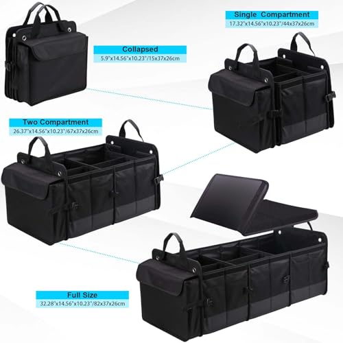Large Trunk Organizer for Car, SUV, Truck with Removable Cooler Bag-Collapsible Multi Compartments w/Foldable Cover, Non Slip Bottom Cargo Storage (Black) - size: Five Compartment