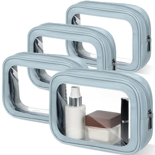 Abbylike 4 Pcs Blue Clear Makeup Bag PU Leather Tsa Approved Toiletry Bag with Zipper Transparent Waterproof Portable Cosmetic Bags Travel Car Clear Organizer Bags for Women Girls Mother's Day - color: Blue