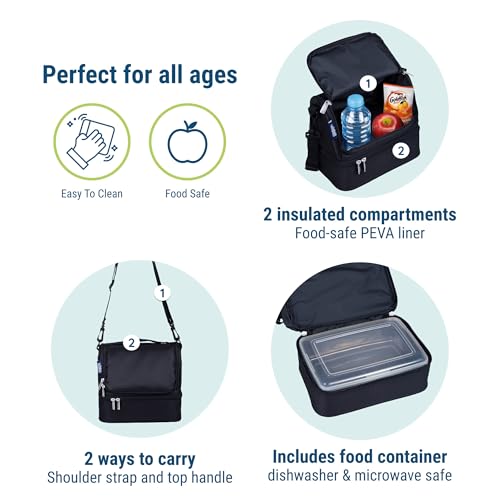 Wildkin Kids Two Compartment Insulated Lunch Bag – Keeps Food Hot or Cold, Easy-Clean Lining, Leak-Resistant & BPA-Free – Boys & Girls, Ideal for School, Travel & Daycare – Rip-Stop Black - color: Rip-Stop Black