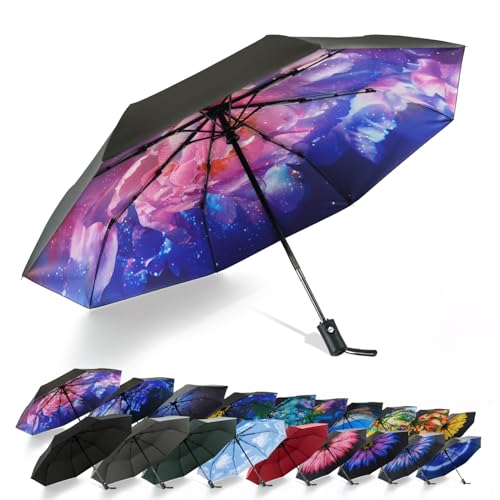 SY COMPACT Travel Umbrella - Windproof Automatic Compact Umbrella for Rain, Lightest 8-Rib, Small, Strong & Portable, Durable Grip, Fits Backpack & Car, Factory Direct (UV Available) - color: Peony
