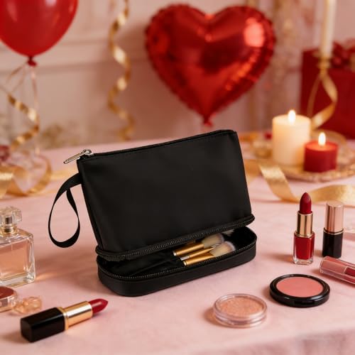 Ethereal Small Makeup Bag, 2 Layers Travel Makeup Bag with Makeup Brush Holder, Cosmetic Bag Black Make up Pouch for Women/Girls - color: 02-nylon black