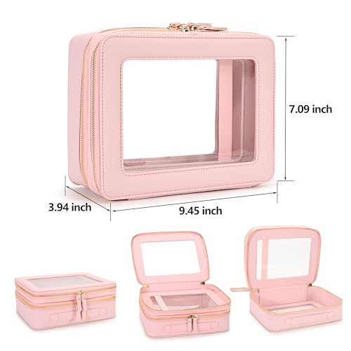Aveniee XL Clear Makeup Organizer,Double Layer Travel Cosmetic Case with Brush Holder & Zippered Compartments,Big Toiletry Bag for Travel Accessories,2 Layers Large,Pink - color: Pink, style: Dual Layer Large