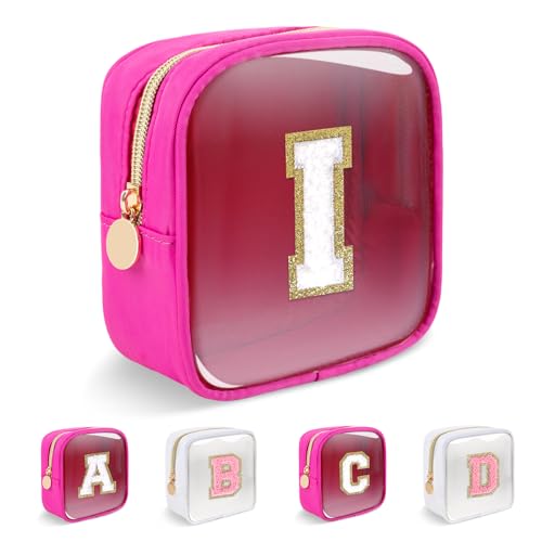 Personalized Initial Letter Clear Preppy Makeup Bag,Mini Nylon Chenille Letter Cosmetic Bag Cute Zipper Pouch Coin Purse for Teen Girls,Portable TSA Approved Travel Essentials Bag Gift for Women,I - color: Mini-Hot Pink, size: I