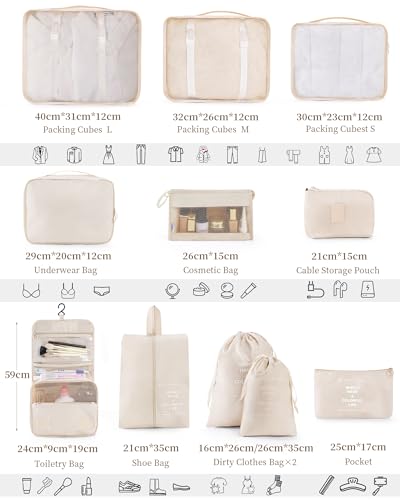 Packing Cubes for Suitcase 11PCS Luggage Packing Organizers Travel Essentials Luggage Organizer Hooked Toiletry Bag Cosmetic Bag and Shoes Bag, Beige - color: Beige-11pcs