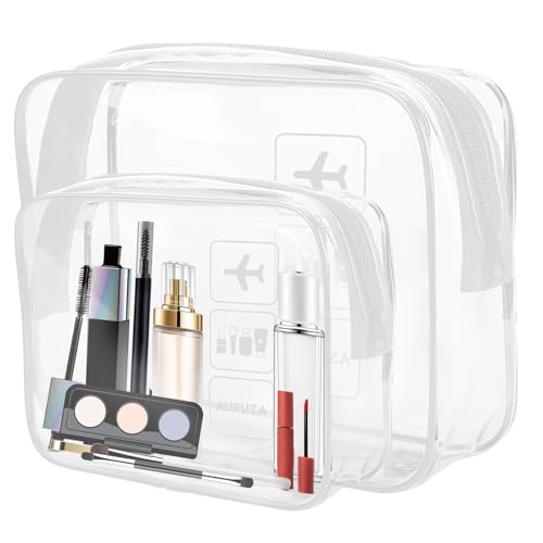 AURUZA 2 Pack Travel Toiletry Bag, Clear Makeup Bag, TSA Approved Cosmetic Bag with Zipper, Clear Organizer Carry on Bag for Women, PVC Cosmetic Pouch - color: White