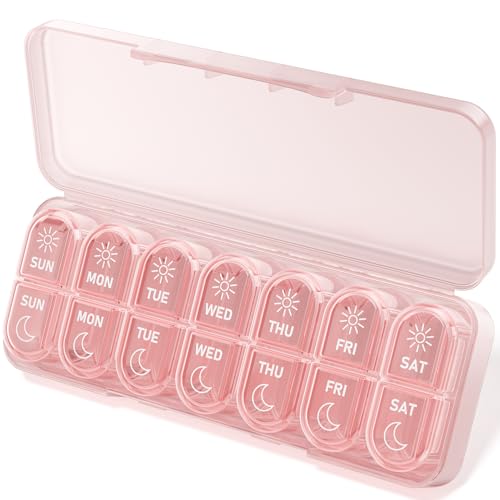Betife AM PM Pill Organizer 7 Day, Weekly Pill Organizer 2 Times a Day, Daily Pill Box AM PM, Portable Travel Medicine Case, Day and Night Pill Container for Medication, Vitamin or Supplement - color: Blush Pink