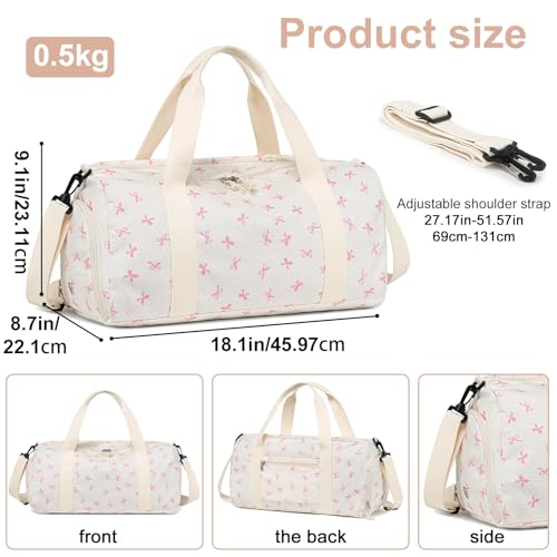 Gym Bag Sports Duffle Bag with Wet Pocket Weekender Overnight Bags with Waterproof Shoe Compartment for Girls Kids Women Dance Workout Travel Bags - color: Bow Pink